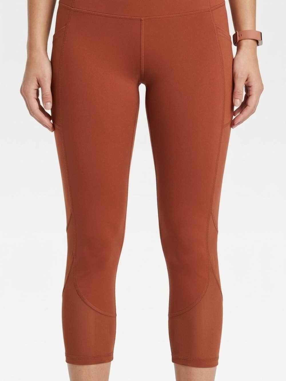 ​All In Motion Women's Medium Crop Leggings Rust Orange Mesh Pockets Mid-Rise
